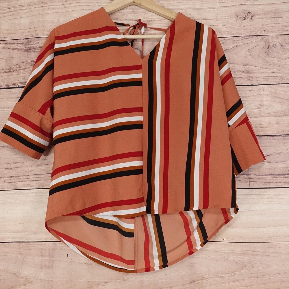 Express Blouse Womens S Orange‎ V-Neck Short Sleeve Striped Tunic High Low Top